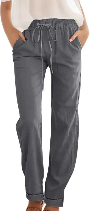 Casual Pants for Women Wide Leg Trousers Adjustable Drawstring High Waist Lightweight Linen Blend Relaxed Fit