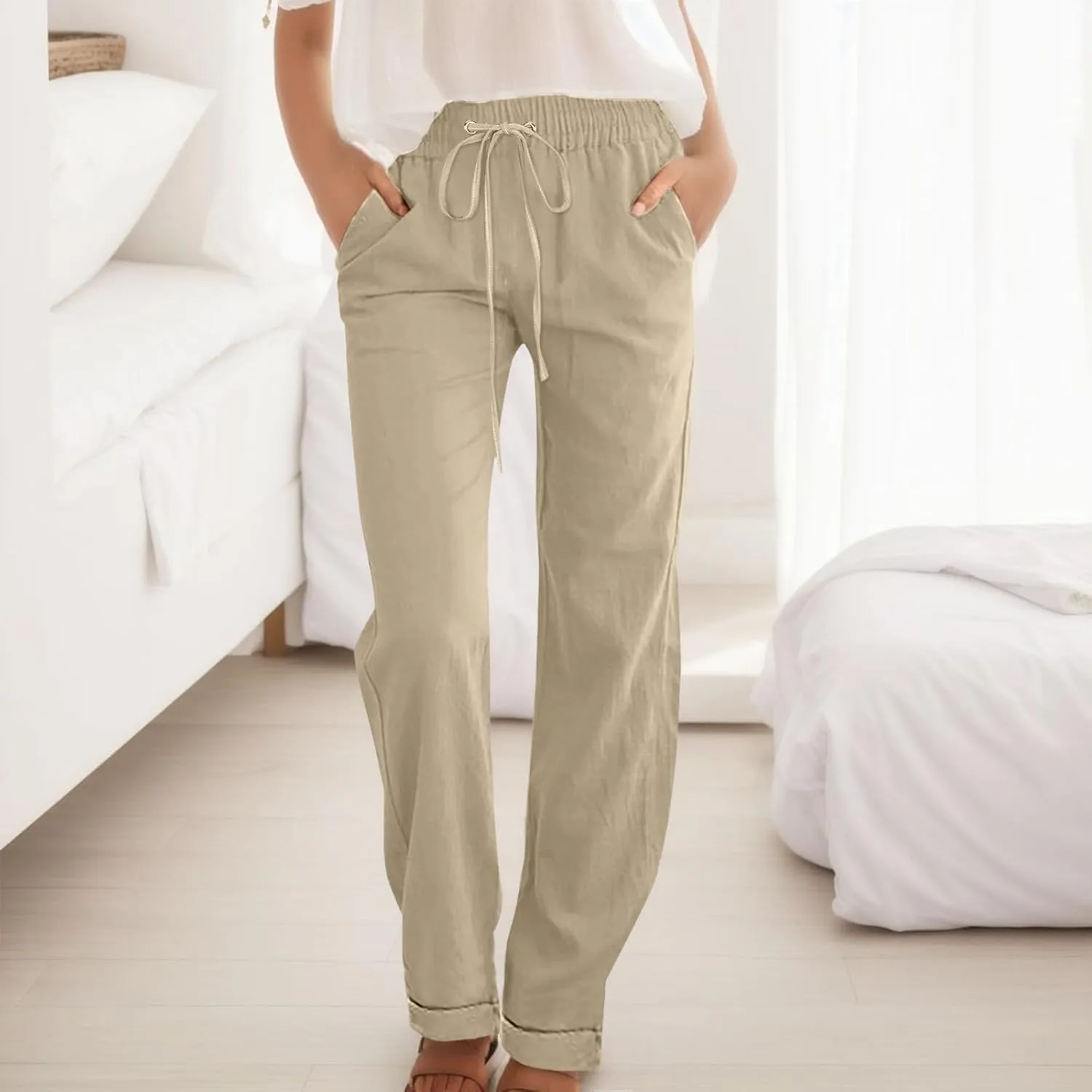 Casual Pants for Women Wide Leg Trousers Adjustable Drawstring High Waist Lightweight Linen Blend Relaxed Fit