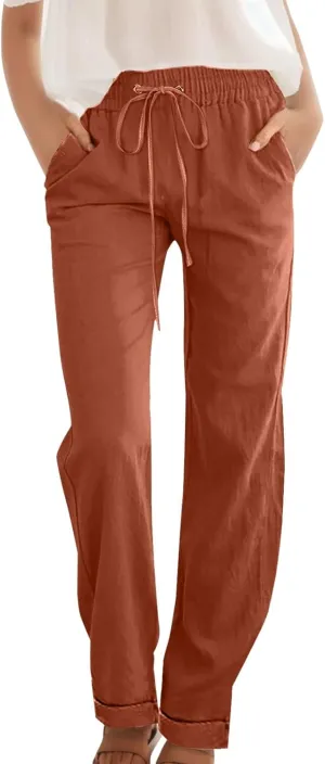 Casual Pants for Women Wide Leg Trousers Adjustable Drawstring High Waist Lightweight Linen Blend Relaxed Fit