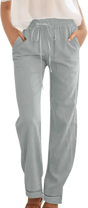 Casual Pants for Women Wide Leg Trousers Adjustable Drawstring High Waist Lightweight Linen Blend Relaxed Fit