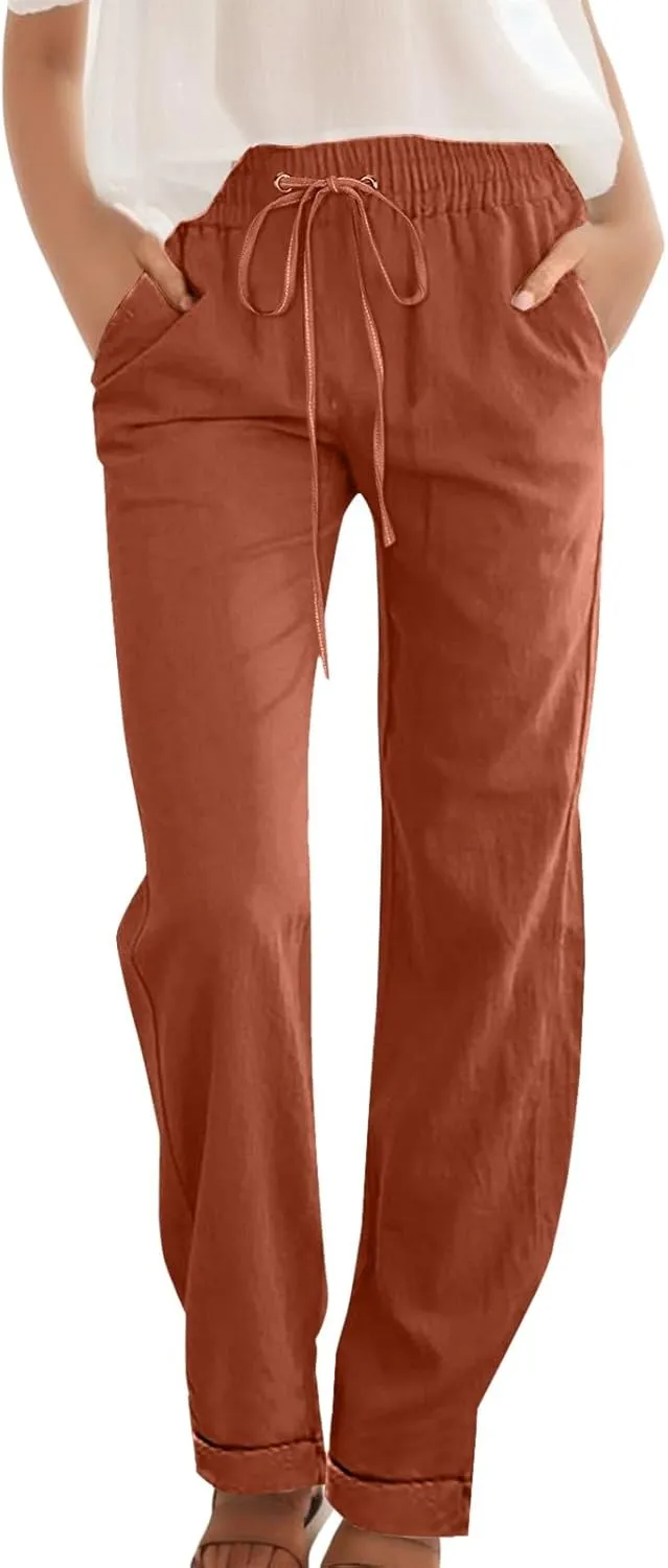 Casual Pants for Women Wide Leg Trousers Adjustable Drawstring High Waist Lightweight Linen Blend Relaxed Fit