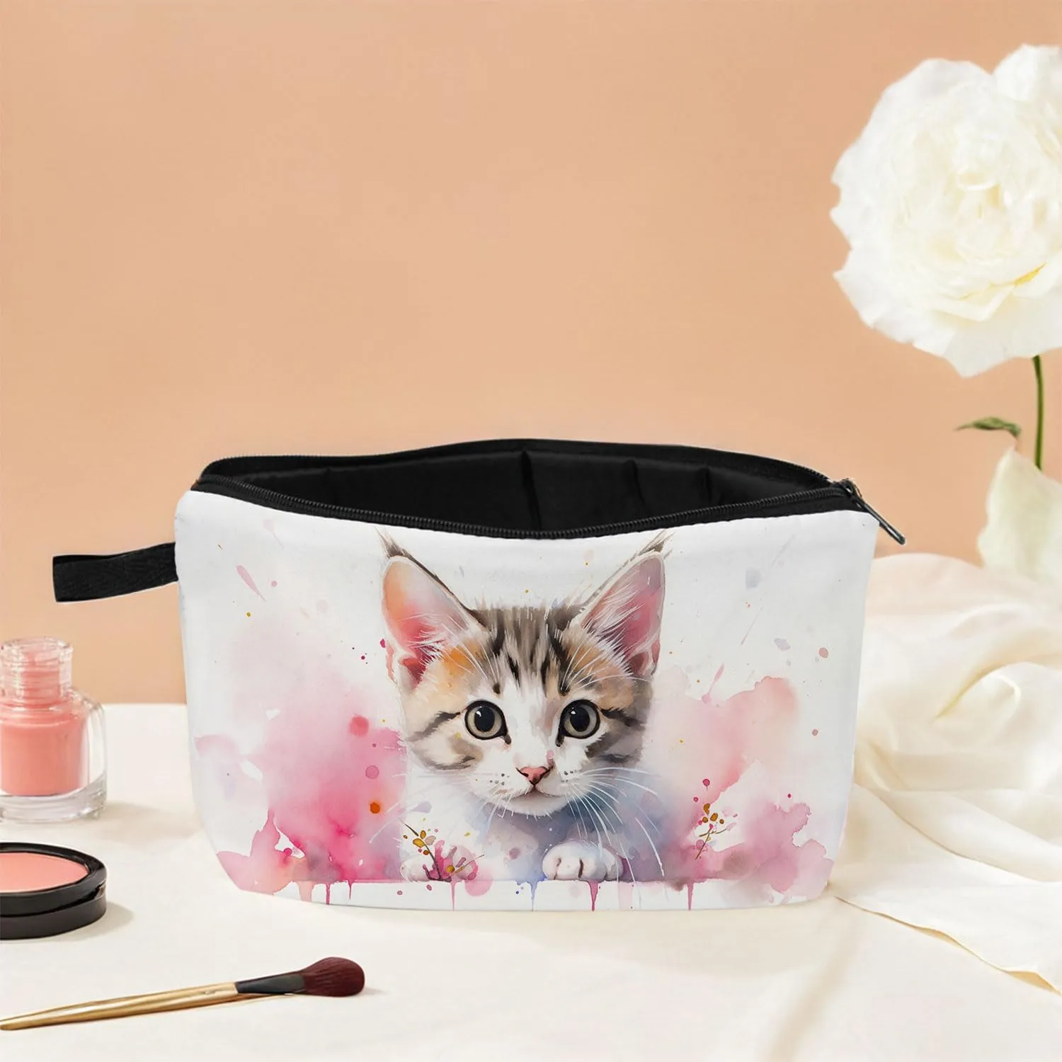 Cat Makeup Bag Cute Cosmetic Pouch for Women & Teens Travel Toiletry Organizer with Glitter Eyes Gift for Cat Lovers