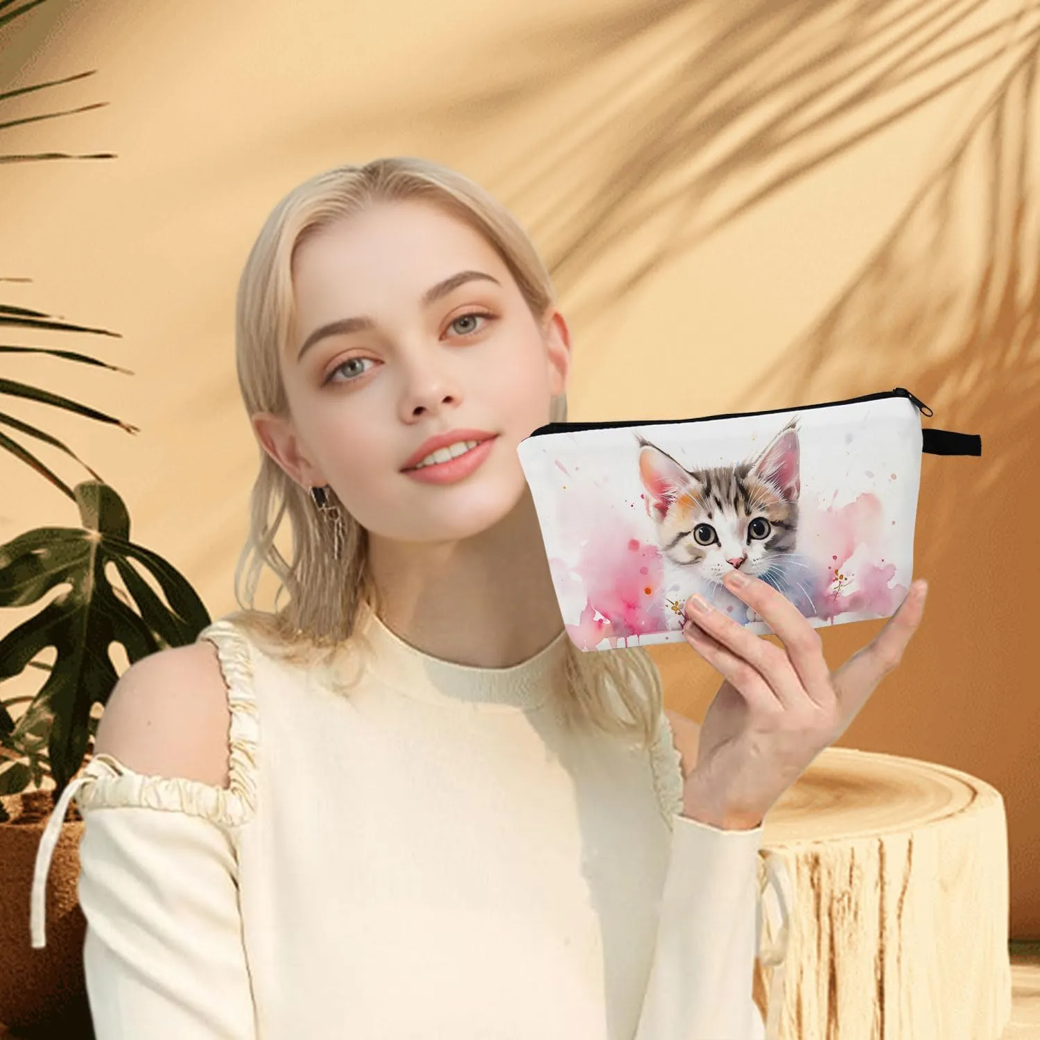 Cat Makeup Bag Cute Cosmetic Pouch for Women & Teens Travel Toiletry Organizer with Glitter Eyes Gift for Cat Lovers