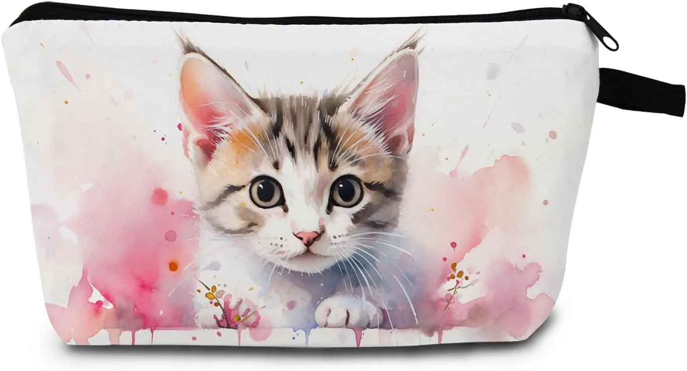 Cat Makeup Bag Cute Cosmetic Pouch for Women & Teens Travel Toiletry Organizer with Glitter Eyes Gift for Cat Lovers