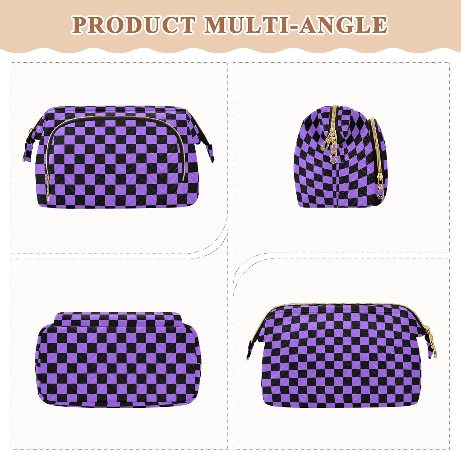 Checkerboard Black Purple Plaid Makeup Bag Travel Toiletry Bag Cosmetic Bag Pouch Cute Large Makeup Case Box Skincare Bag Organizer Make Up Bags for Men Women Toiletries Purse Trip Sports Adults