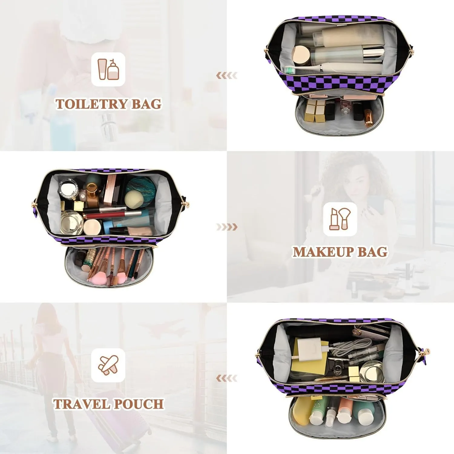 Checkerboard Black Purple Plaid Makeup Bag Travel Toiletry Bag Cosmetic Bag Pouch Cute Large Makeup Case Box Skincare Bag Organizer Make Up Bags for Men Women Toiletries Purse Trip Sports Adults