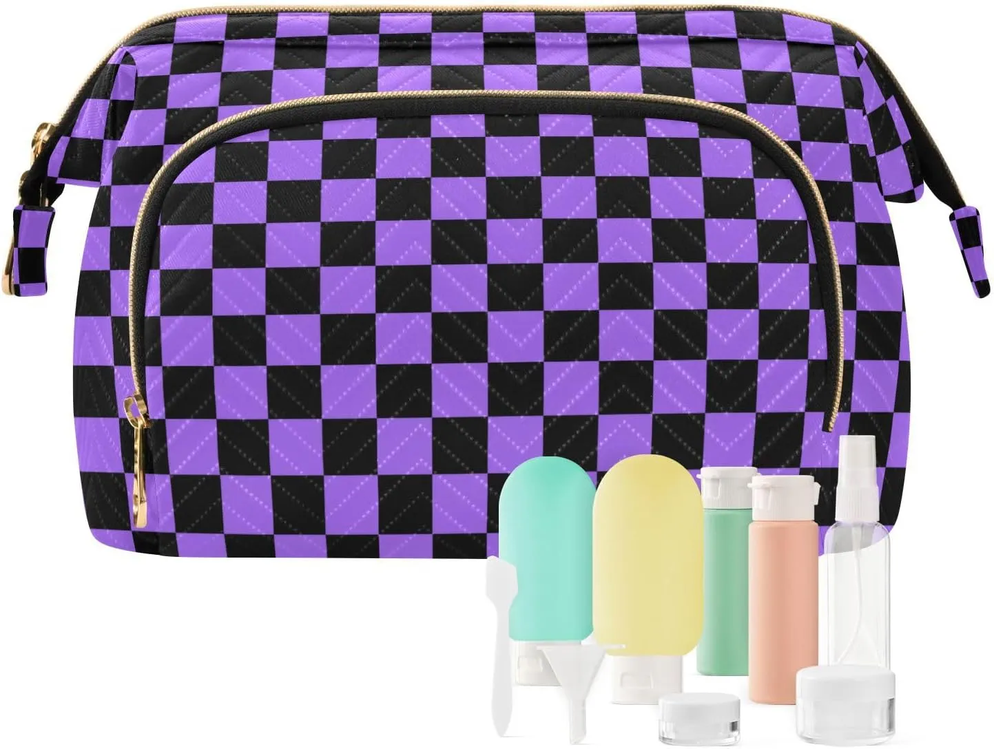 Checkerboard Black Purple Plaid Makeup Bag Travel Toiletry Bag Cosmetic Bag Pouch Cute Large Makeup Case Box Skincare Bag Organizer Make Up Bags for Men Women Toiletries Purse Trip Sports Adults