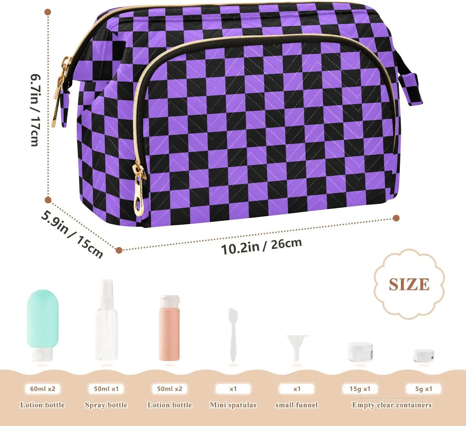 Checkerboard Black Purple Plaid Makeup Bag Travel Toiletry Bag Cosmetic Bag Pouch Cute Large Makeup Case Box Skincare Bag Organizer Make Up Bags for Men Women Toiletries Purse Trip Sports Adults