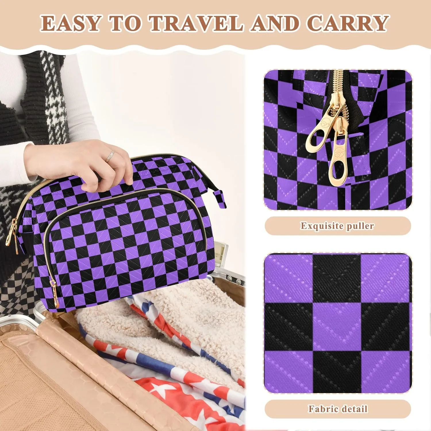 Checkerboard Black Purple Plaid Makeup Bag Travel Toiletry Bag Cosmetic Bag Pouch Cute Large Makeup Case Box Skincare Bag Organizer Make Up Bags for Men Women Toiletries Purse Trip Sports Adults