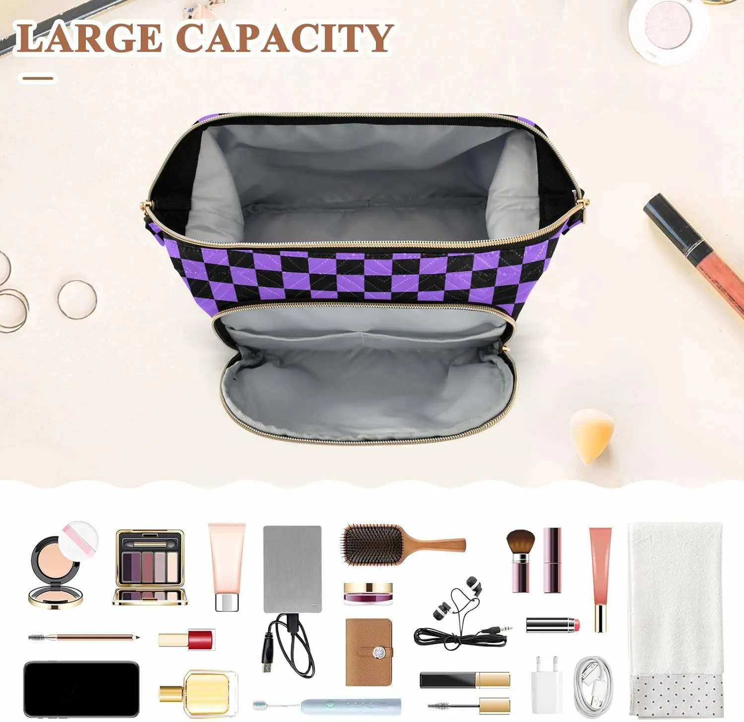 Checkerboard Black Purple Plaid Makeup Bag Travel Toiletry Bag Cosmetic Bag Pouch Cute Large Makeup Case Box Skincare Bag Organizer Make Up Bags for Men Women Toiletries Purse Trip Sports Adults