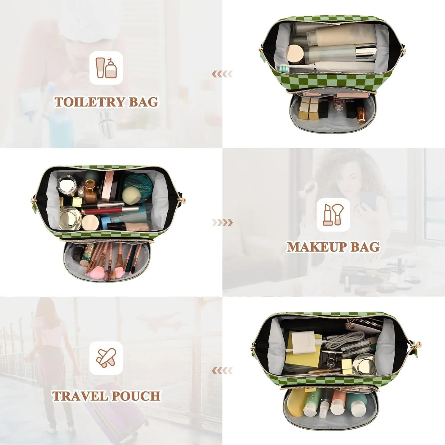Checkerboard Green Plaid Makeup Bag Travel Toiletry Bag Make Up Bags Skincare Bag Big Large Makeup Case Pouch Cosmetic Bag Box Organizer for Men Women Toiletries Purse Trip Sports Adults