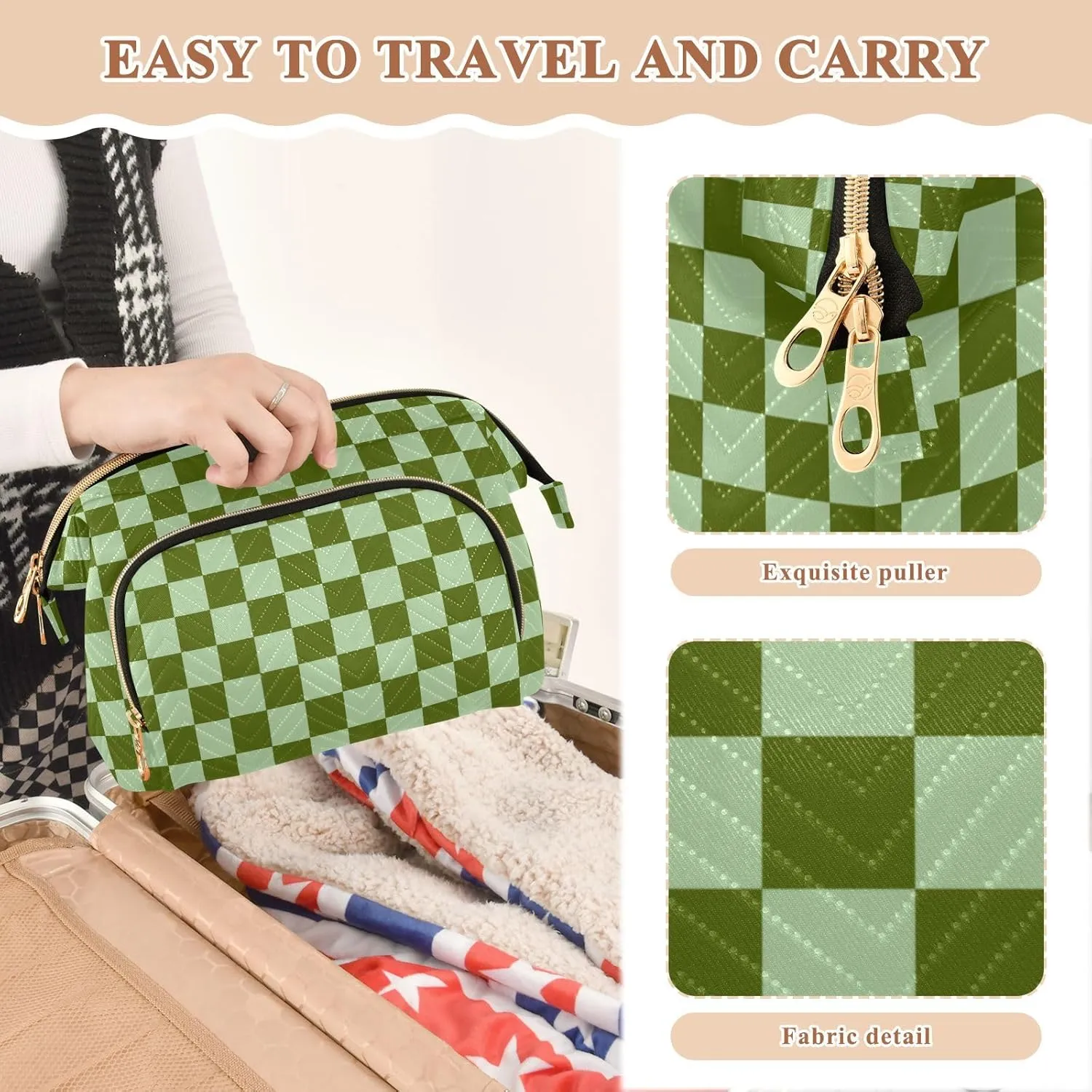Checkerboard Green Plaid Makeup Bag Travel Toiletry Bag Make Up Bags Skincare Bag Big Large Makeup Case Pouch Cosmetic Bag Box Organizer for Men Women Toiletries Purse Trip Sports Adults