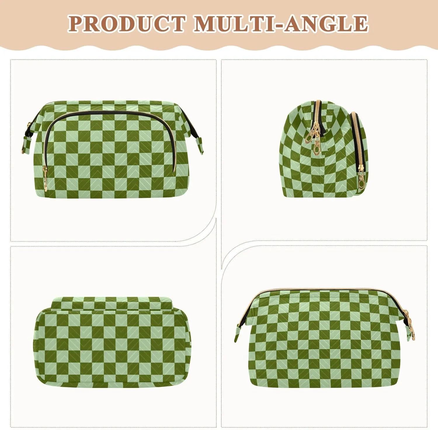 Checkerboard Green Plaid Makeup Bag Travel Toiletry Bag Make Up Bags Skincare Bag Big Large Makeup Case Pouch Cosmetic Bag Box Organizer for Men Women Toiletries Purse Trip Sports Adults