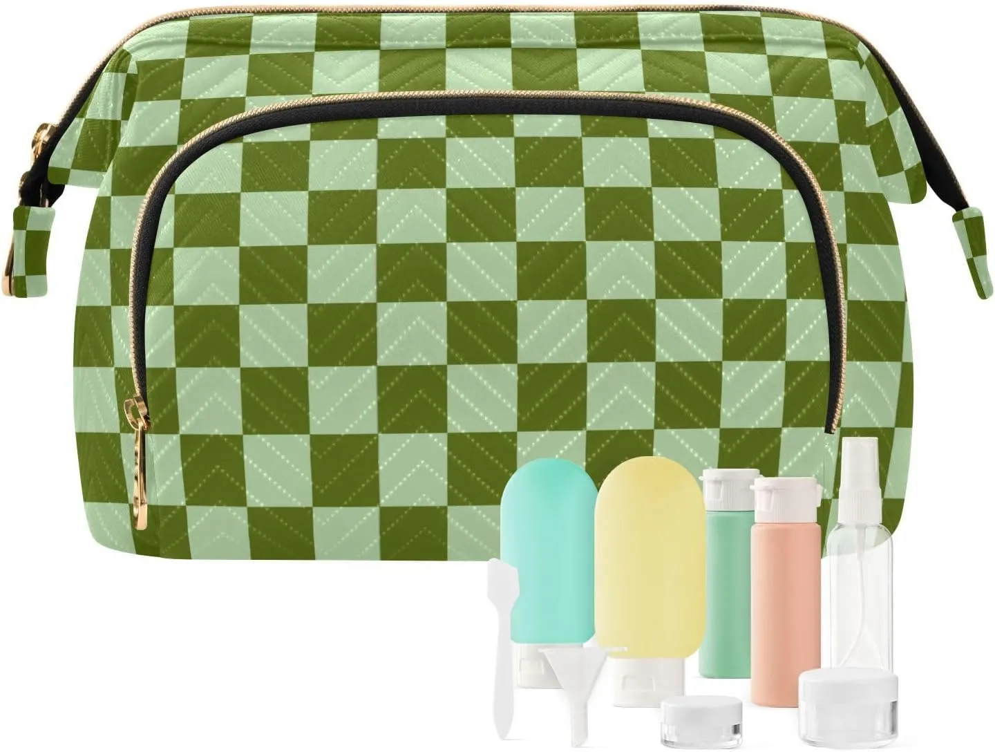 Checkerboard Green Plaid Makeup Bag Travel Toiletry Bag Make Up Bags Skincare Bag Big Large Makeup Case Pouch Cosmetic Bag Box Organizer for Men Women Toiletries Purse Trip Sports Adults