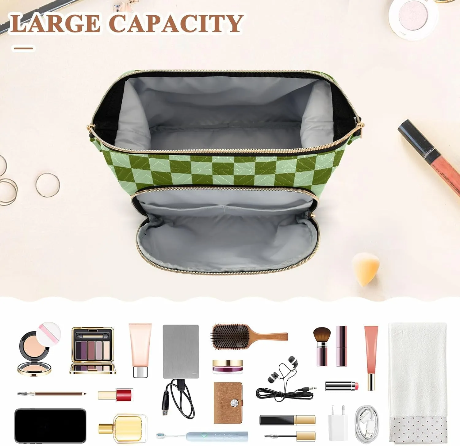 Checkerboard Green Plaid Makeup Bag Travel Toiletry Bag Make Up Bags Skincare Bag Big Large Makeup Case Pouch Cosmetic Bag Box Organizer for Men Women Toiletries Purse Trip Sports Adults
