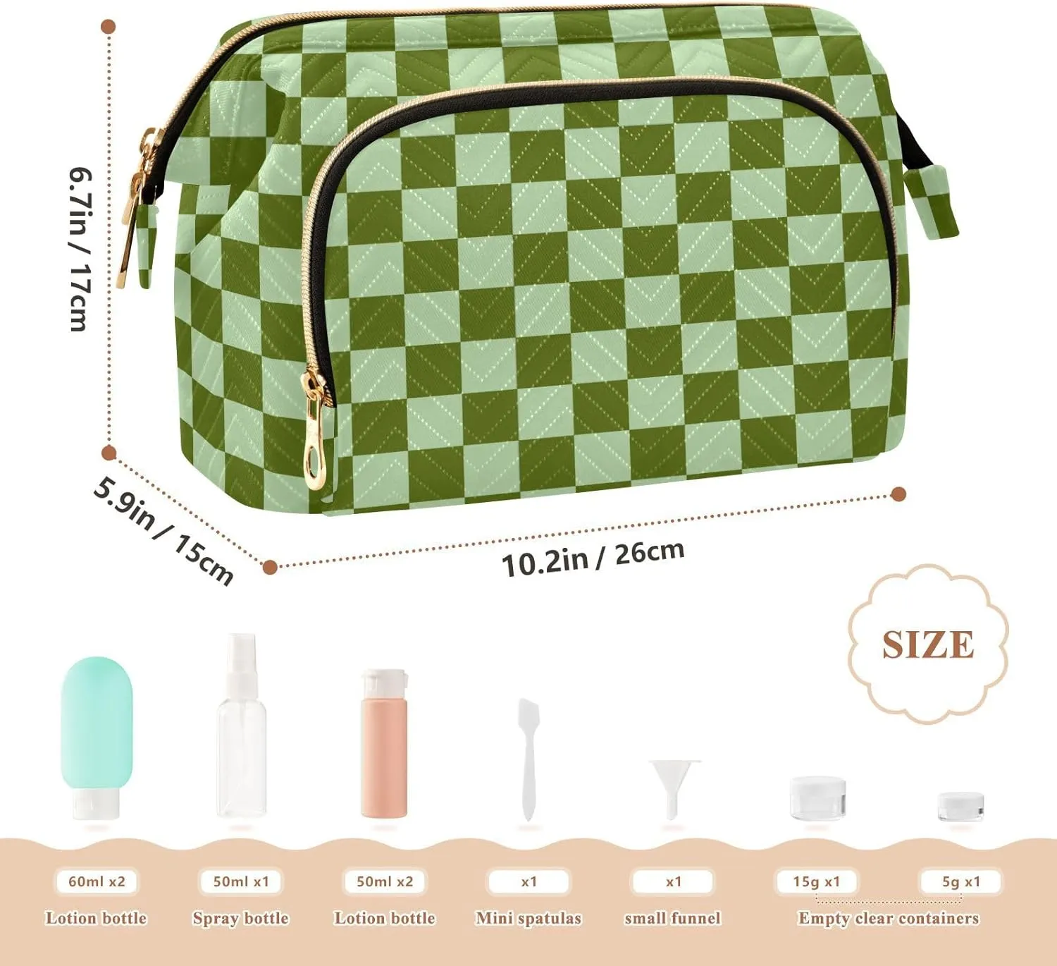 Checkerboard Green Plaid Makeup Bag Travel Toiletry Bag Make Up Bags Skincare Bag Big Large Makeup Case Pouch Cosmetic Bag Box Organizer for Men Women Toiletries Purse Trip Sports Adults