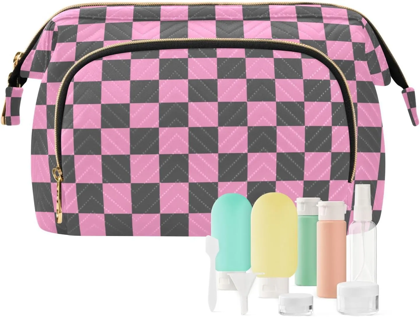 Checkerboard Pink Black Plaid Makeup Bag Travel Toiletry Bag Cosmetic Bag Pouch Cute Large Makeup Case Box Skincare Bag Organizer Make Up Bags for Toiletries Women Purse Men Adults Trip Sports
