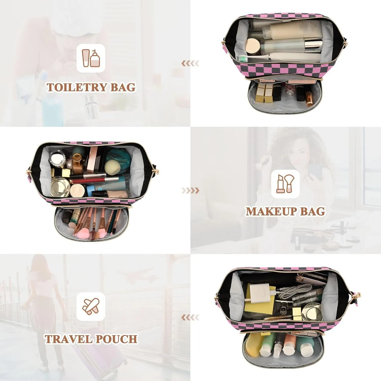 Checkerboard Pink Black Plaid Makeup Bag Travel Toiletry Bag Cosmetic Bag Pouch Cute Large Makeup Case Box Skincare Bag Organizer Make Up Bags for Toiletries Women Purse Men Adults Trip Sports