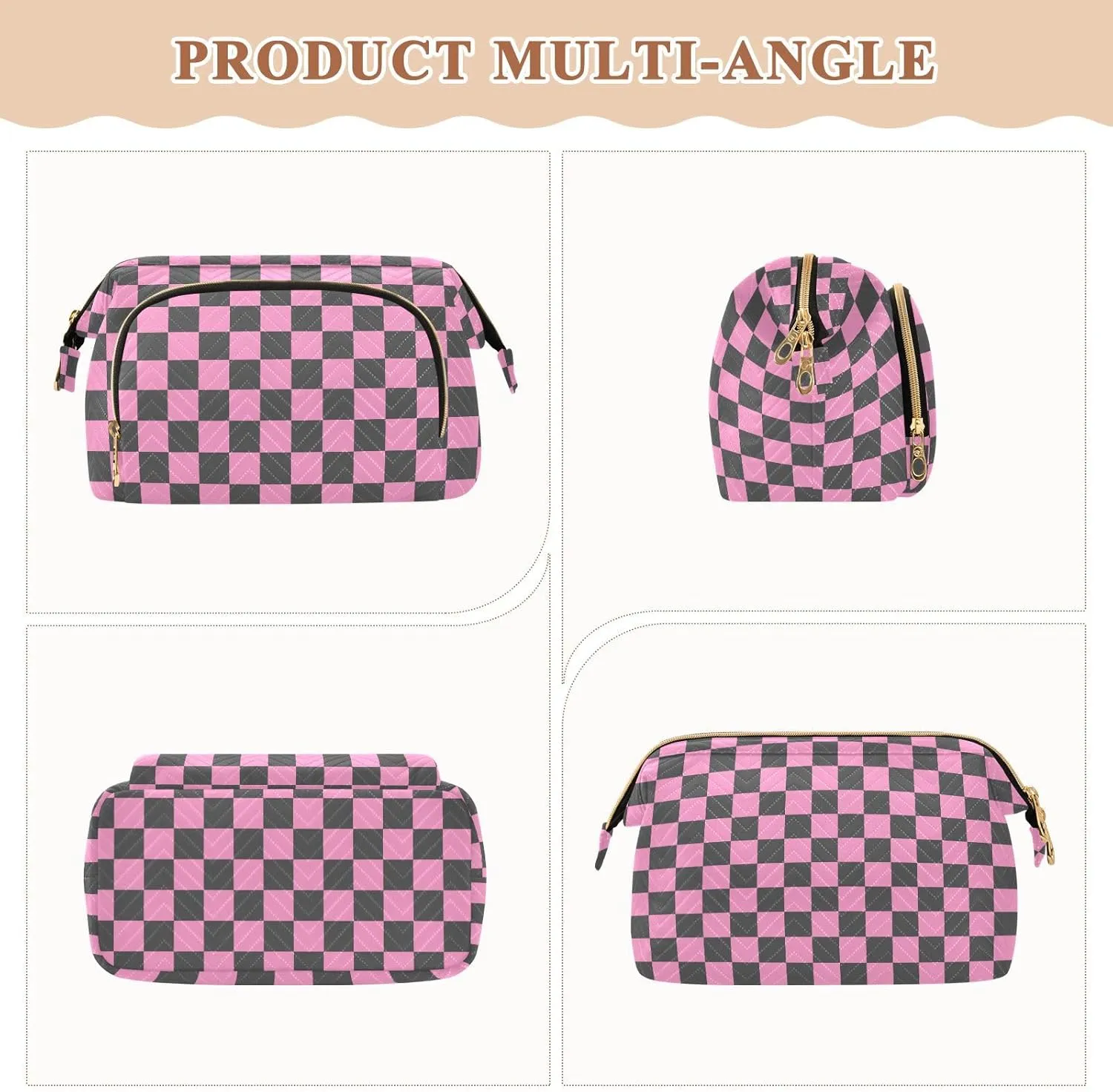 Checkerboard Pink Black Plaid Makeup Bag Travel Toiletry Bag Cosmetic Bag Pouch Cute Large Makeup Case Box Skincare Bag Organizer Make Up Bags for Toiletries Women Purse Men Adults Trip Sports