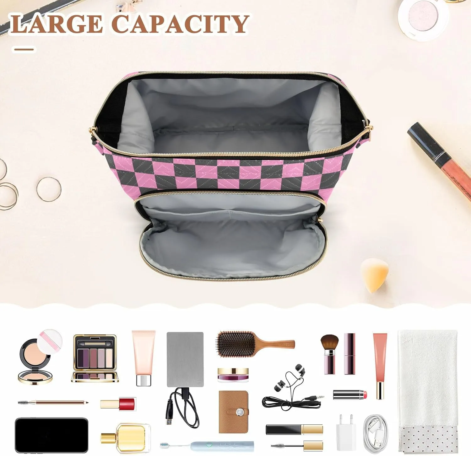 Checkerboard Pink Black Plaid Makeup Bag Travel Toiletry Bag Cosmetic Bag Pouch Cute Large Makeup Case Box Skincare Bag Organizer Make Up Bags for Toiletries Women Purse Men Adults Trip Sports
