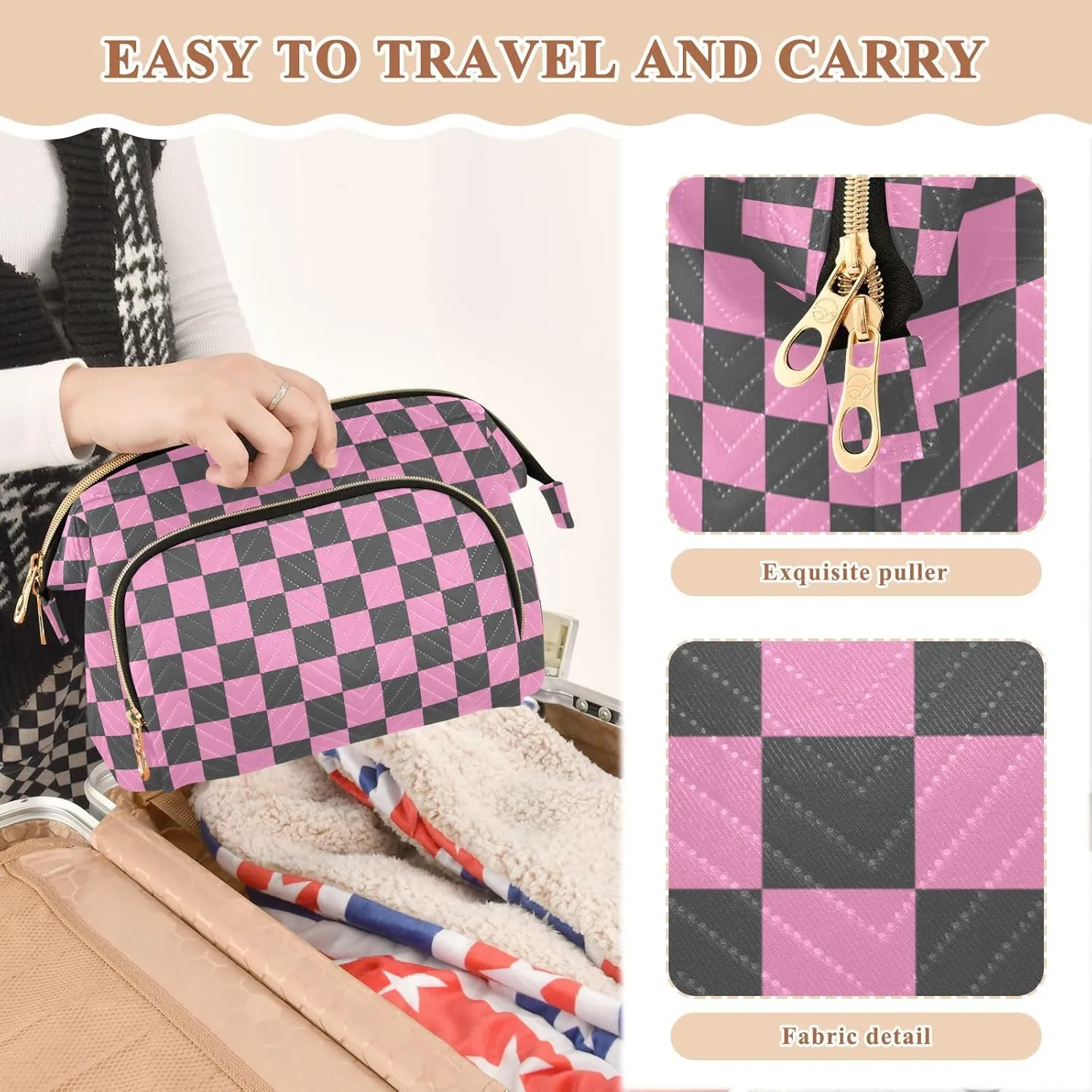 Checkerboard Pink Black Plaid Makeup Bag Travel Toiletry Bag Cosmetic Bag Pouch Cute Large Makeup Case Box Skincare Bag Organizer Make Up Bags for Toiletries Women Purse Men Adults Trip Sports
