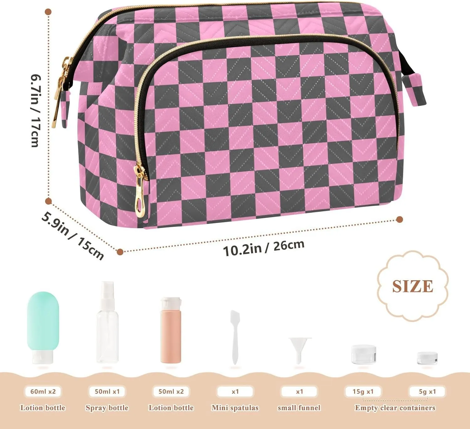 Checkerboard Pink Black Plaid Makeup Bag Travel Toiletry Bag Cosmetic Bag Pouch Cute Large Makeup Case Box Skincare Bag Organizer Make Up Bags for Toiletries Women Purse Men Adults Trip Sports