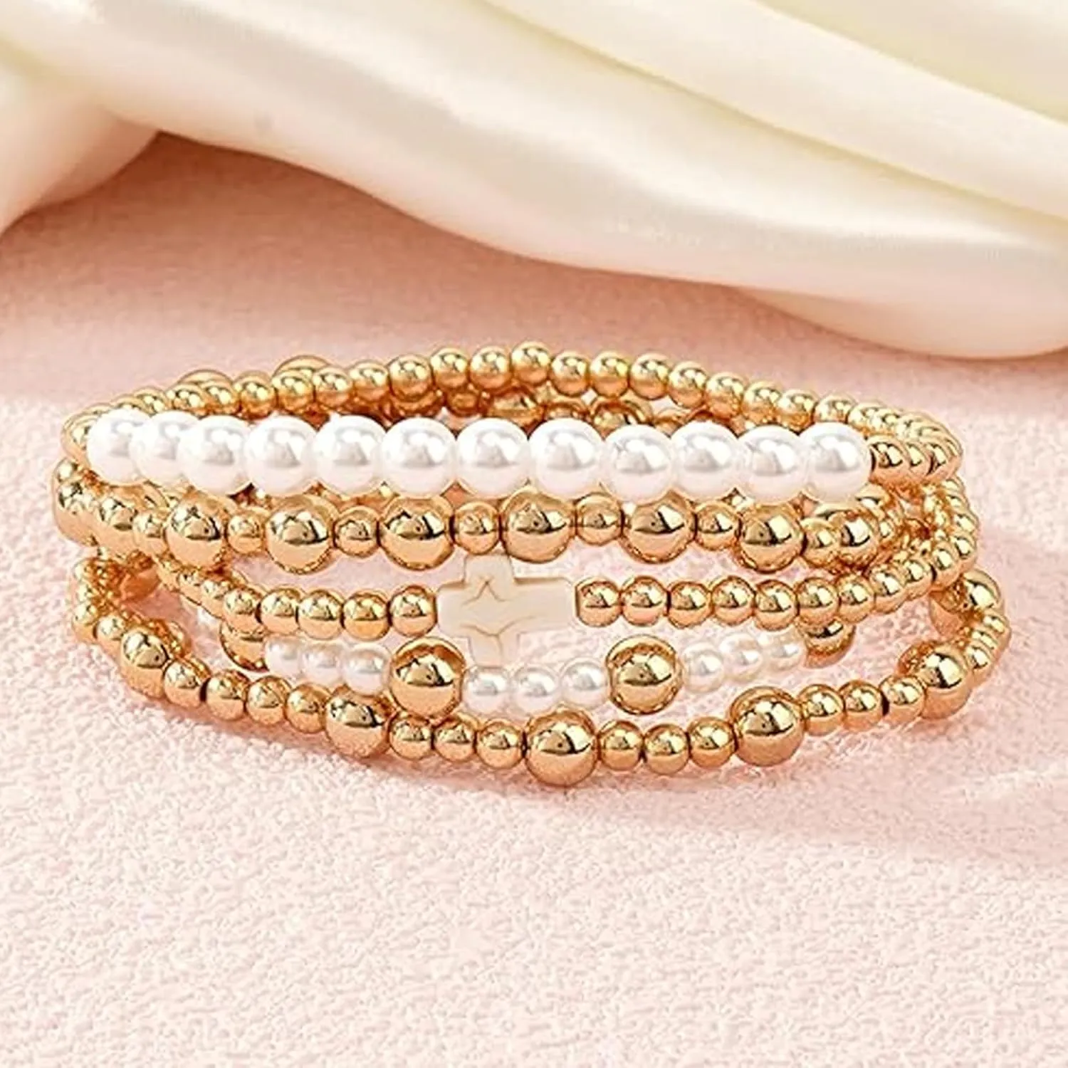 choice of all Gold Bracelets for Women Trendy Beaded Bracelet Non Tarnish Stack Cross Pearl Beaded Stretch Bracelets Jewelry Gifts for Women