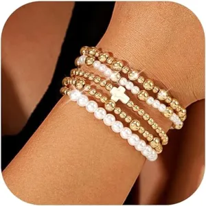 choice of all Gold Bracelets for Women Trendy Beaded Bracelet Non Tarnish Stack Cross Pearl Beaded Stretch Bracelets Jewelry Gifts for Women