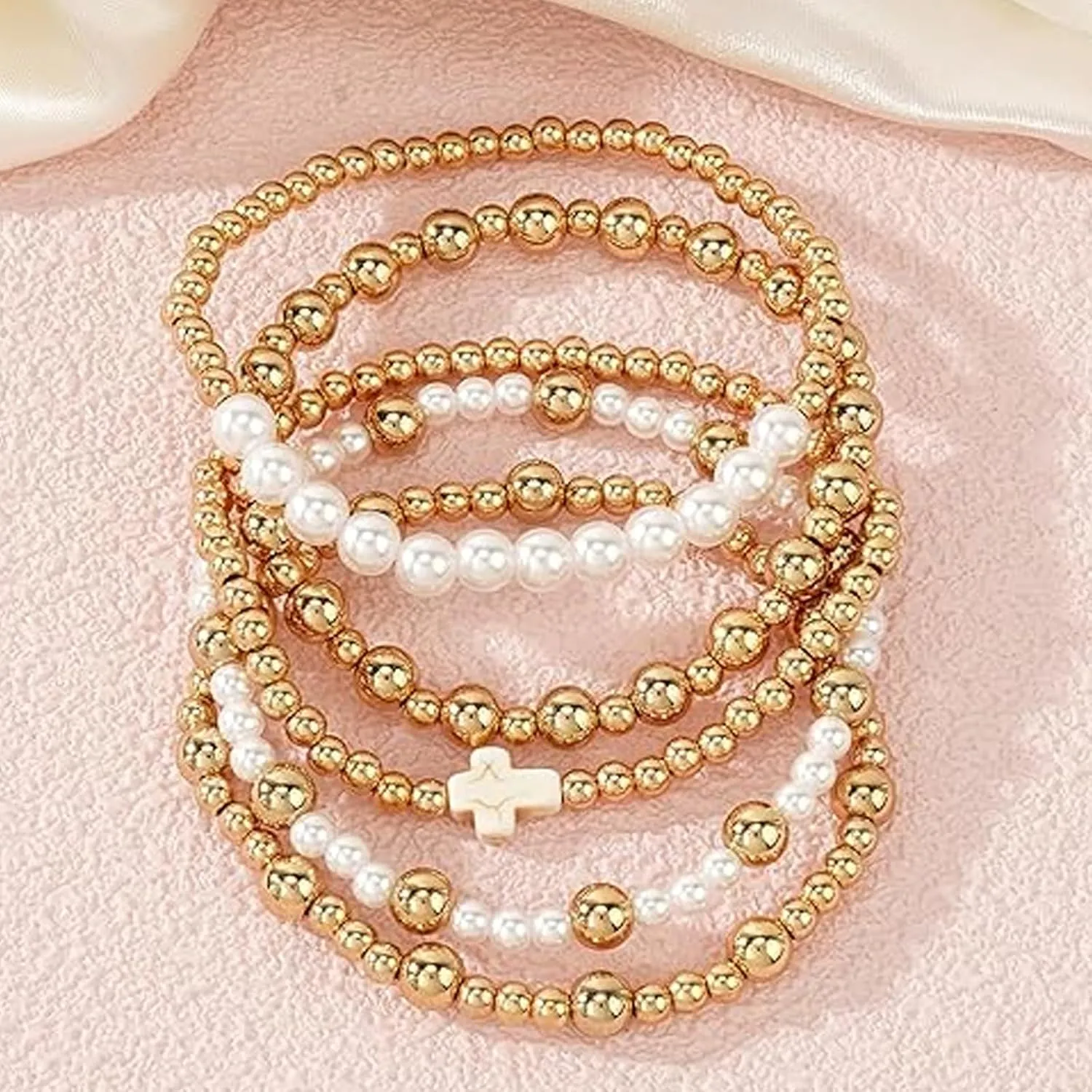 choice of all Gold Bracelets for Women Trendy Beaded Bracelet Non Tarnish Stack Cross Pearl Beaded Stretch Bracelets Jewelry Gifts for Women