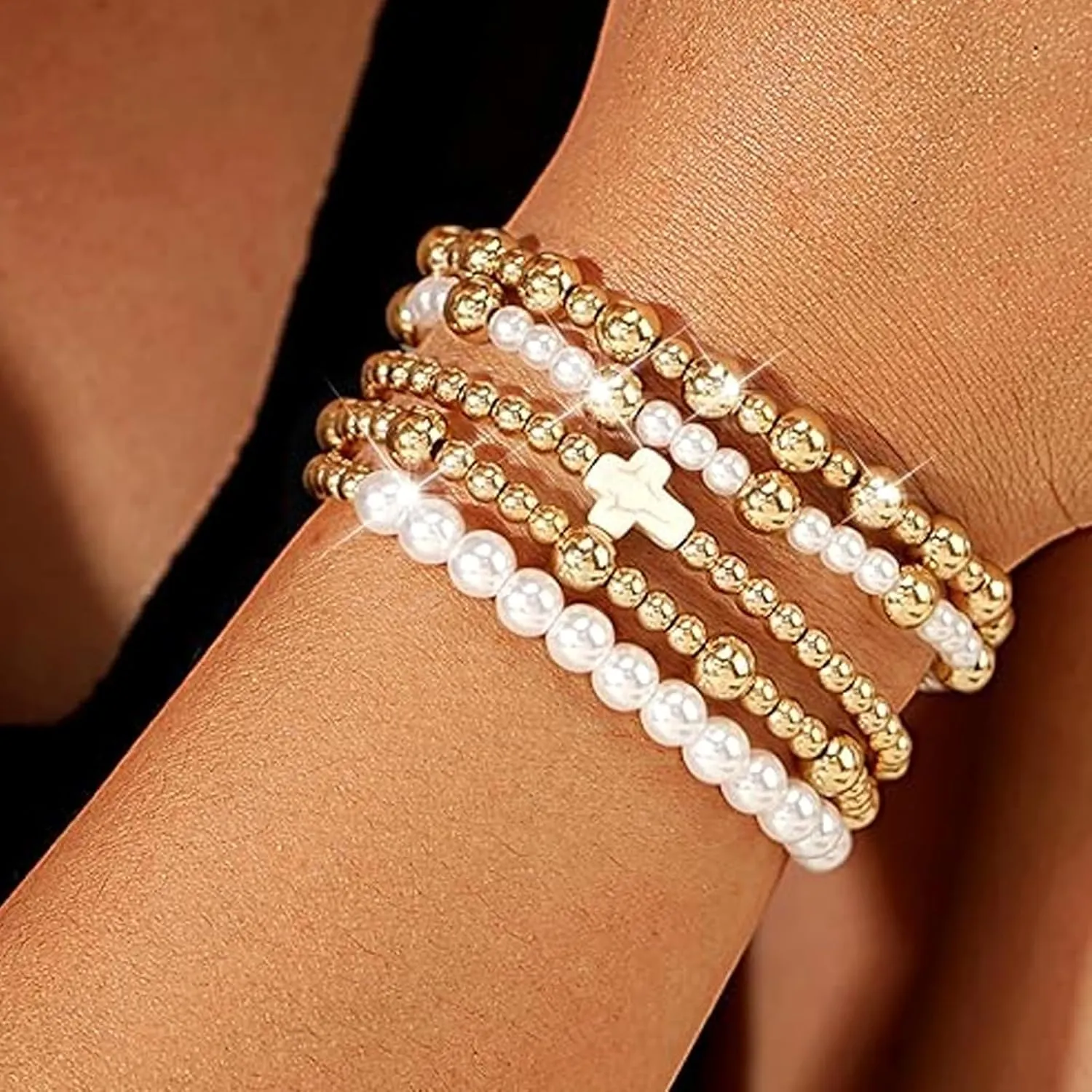 choice of all Gold Bracelets for Women Trendy Beaded Bracelet Non Tarnish Stack Cross Pearl Beaded Stretch Bracelets Jewelry Gifts for Women