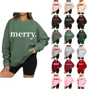 Christmas Sweatshirts for Women 2024 Merry Letter Shirt Oversized Long Sleeve Hoodie Pullover Sweatshirt Xmas Tops