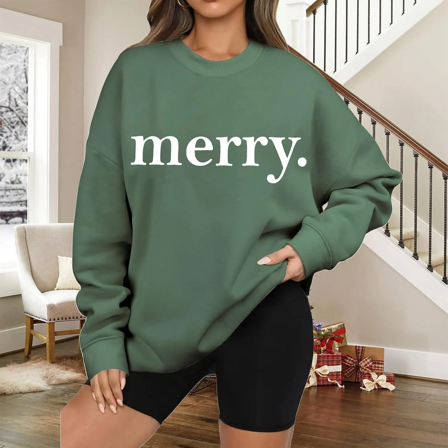 Christmas Sweatshirts for Women 2024 Merry Letter Shirt Oversized Long Sleeve Hoodie Pullover Sweatshirt Xmas Tops