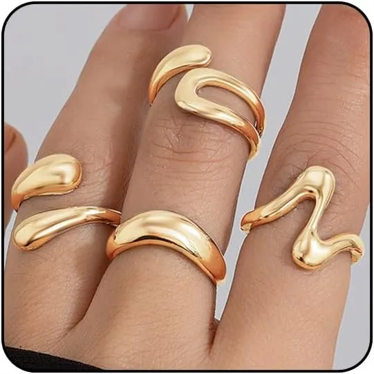 Chunky Gold and Silver Rings for Women - Adjustable Statement Open Bold Thick Stackable Rings Set - Gold Plated Jewelry
