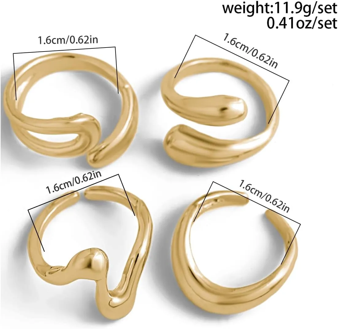Chunky Gold and Silver Rings for Women - Adjustable Statement Open Bold Thick Stackable Rings Set - Gold Plated Jewelry