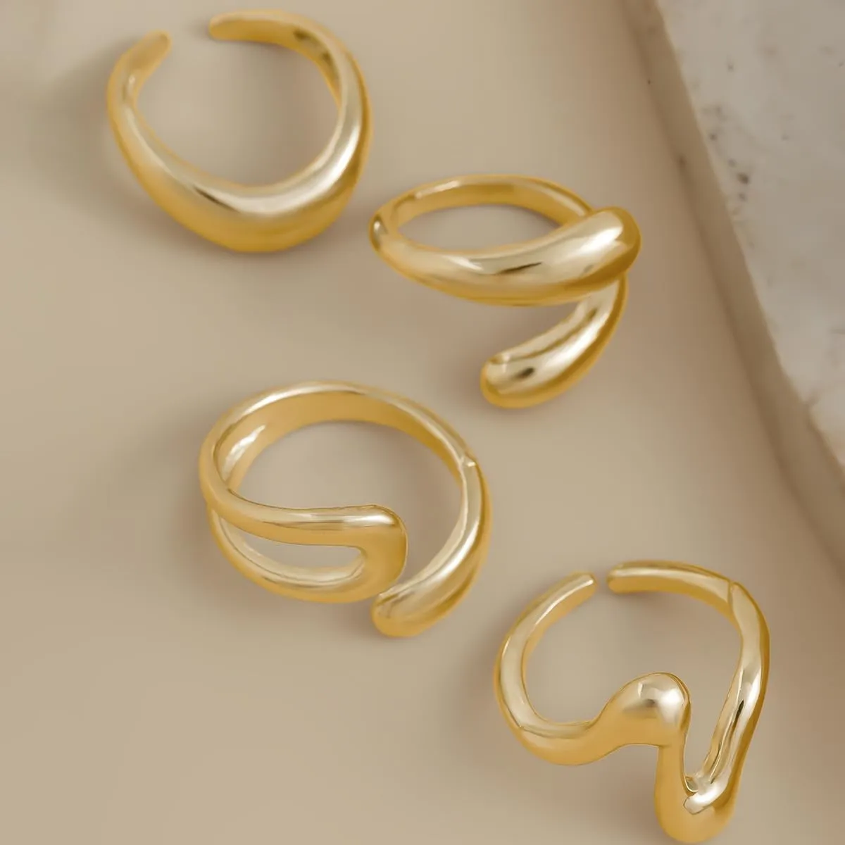 Chunky Gold and Silver Rings for Women - Adjustable Statement Open Bold Thick Stackable Rings Set - Gold Plated Jewelry