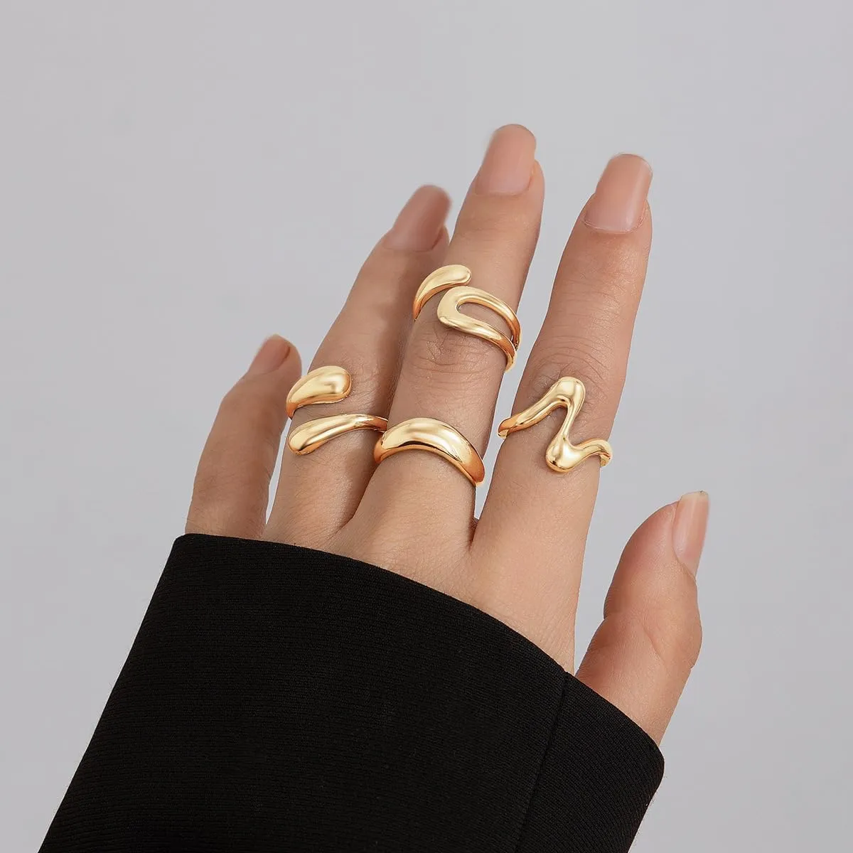 Chunky Gold and Silver Rings for Women - Adjustable Statement Open Bold Thick Stackable Rings Set - Gold Plated Jewelry