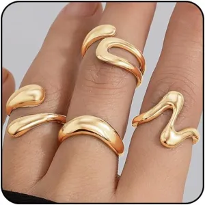 Chunky Gold and Silver Rings for Women - Adjustable Statement Open Bold Thick Stackable Rings Set - Gold Plated Jewelry