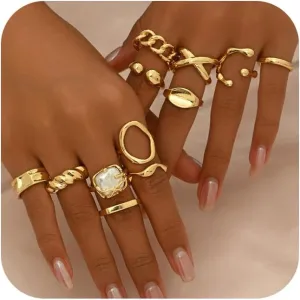 Chunky Gold Stackable Rings Set for Women,Vintage Knuckle Rings Dainty Hollow Carved Joint Finger Midi Rings Pack Adjustable Signet Rings Jewelry Mixed Size