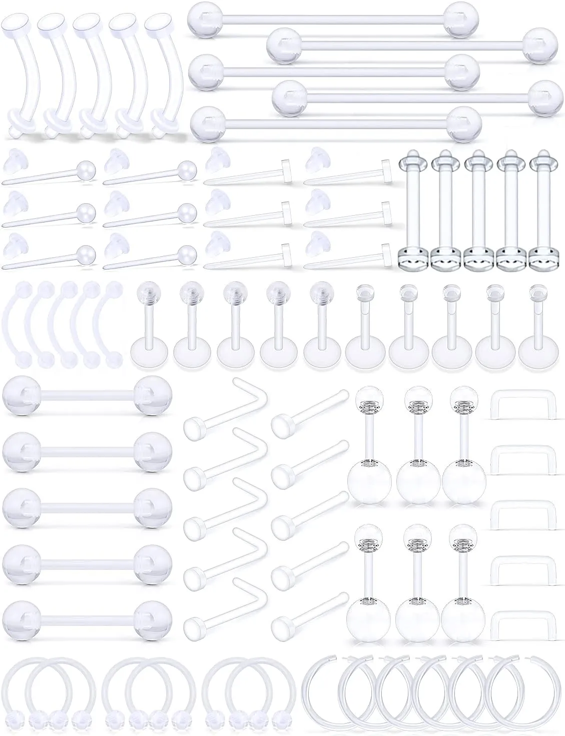Cisyozi 92pcs Clear Plastic All Piercing Retainer for Surgery Work Sport 16G 14G Bioflex Lip Eyebrow Belly Navel Septum Nose Nipple Tongue Rings Tragus Cartilage Earrings Hoop Industrial Bar Retainer