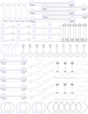 Cisyozi 92pcs Clear Plastic All Piercing Retainer for Surgery Work Sport 16G 14G Bioflex Lip Eyebrow Belly Navel Septum Nose Nipple Tongue Rings Tragus Cartilage Earrings Hoop Industrial Bar Retainer