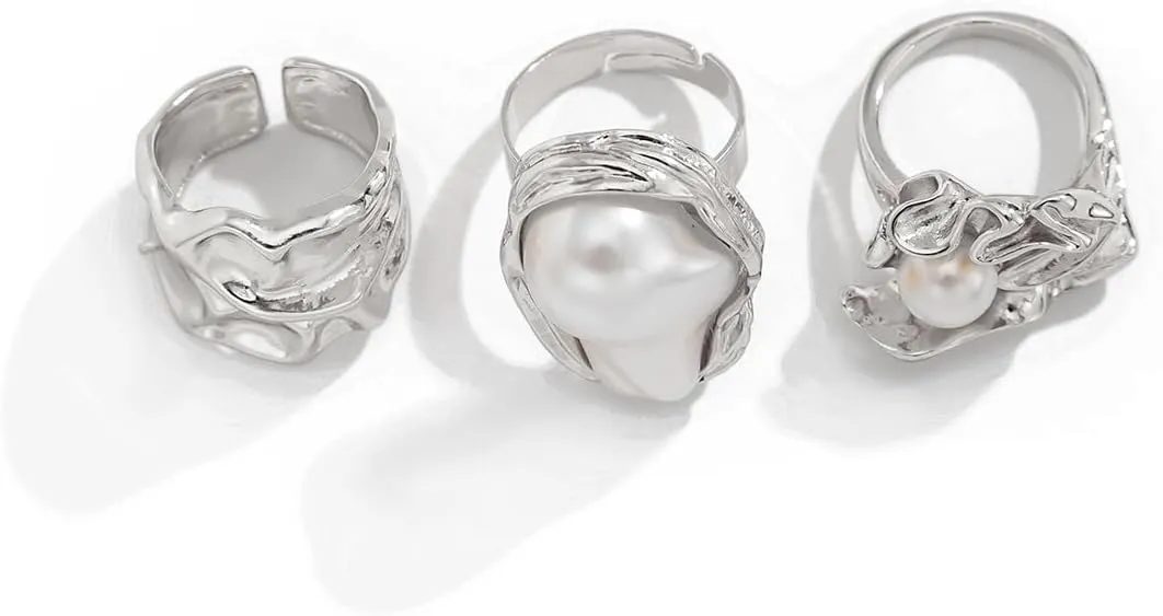 CJIAYUJEW Chunky Gold Flower Rings Pearl Stacking Statement Rings for Women Silver Chunky Knuckle Ring Set Adjustable Pearl Finger Ring Sets