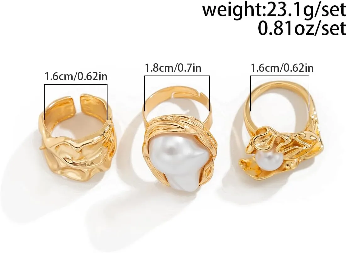 CJIAYUJEW Chunky Gold Flower Rings Pearl Stacking Statement Rings for Women Silver Chunky Knuckle Ring Set Adjustable Pearl Finger Ring Sets