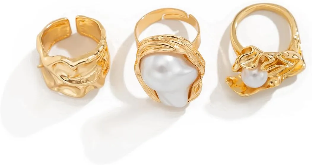 CJIAYUJEW Chunky Gold Flower Rings Pearl Stacking Statement Rings for Women Silver Chunky Knuckle Ring Set Adjustable Pearl Finger Ring Sets