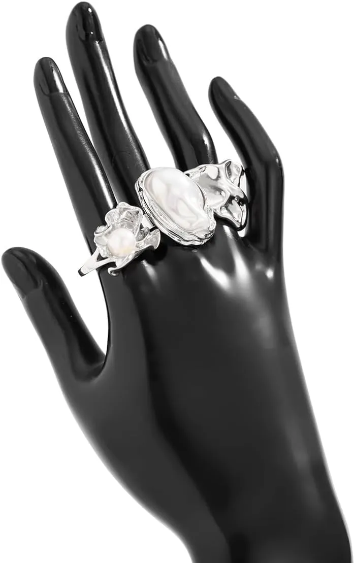 CJIAYUJEW Chunky Gold Flower Rings Pearl Stacking Statement Rings for Women Silver Chunky Knuckle Ring Set Adjustable Pearl Finger Ring Sets