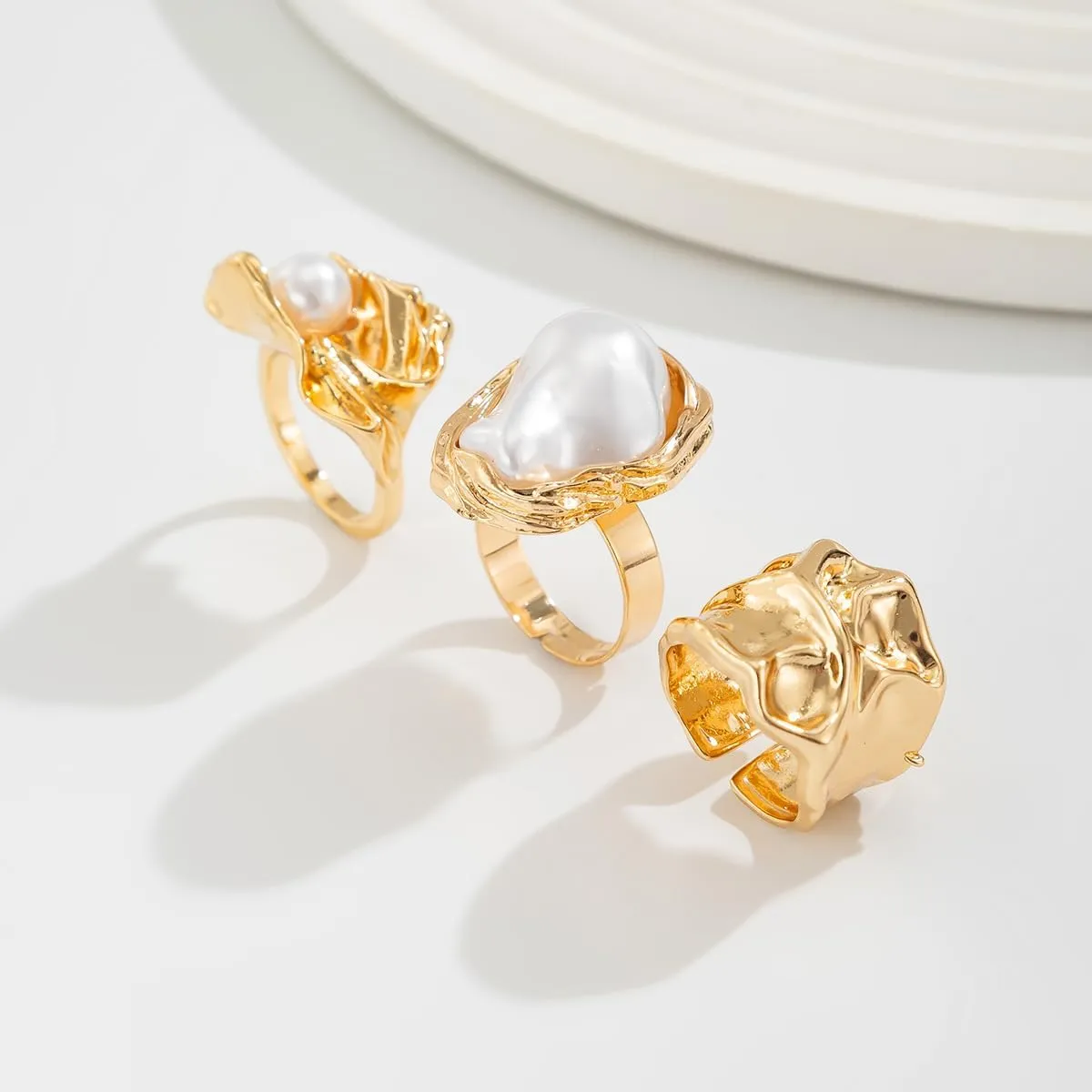 CJIAYUJEW Chunky Gold Flower Rings Pearl Stacking Statement Rings for Women Silver Chunky Knuckle Ring Set Adjustable Pearl Finger Ring Sets