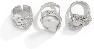 CJIAYUJEW Chunky Gold Flower Rings Pearl Stacking Statement Rings for Women Silver Chunky Knuckle Ring Set Adjustable Pearl Finger Ring Sets