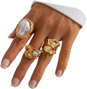 CJIAYUJEW Chunky Gold Flower Rings Pearl Stacking Statement Rings for Women Silver Chunky Knuckle Ring Set Adjustable Pearl Finger Ring Sets