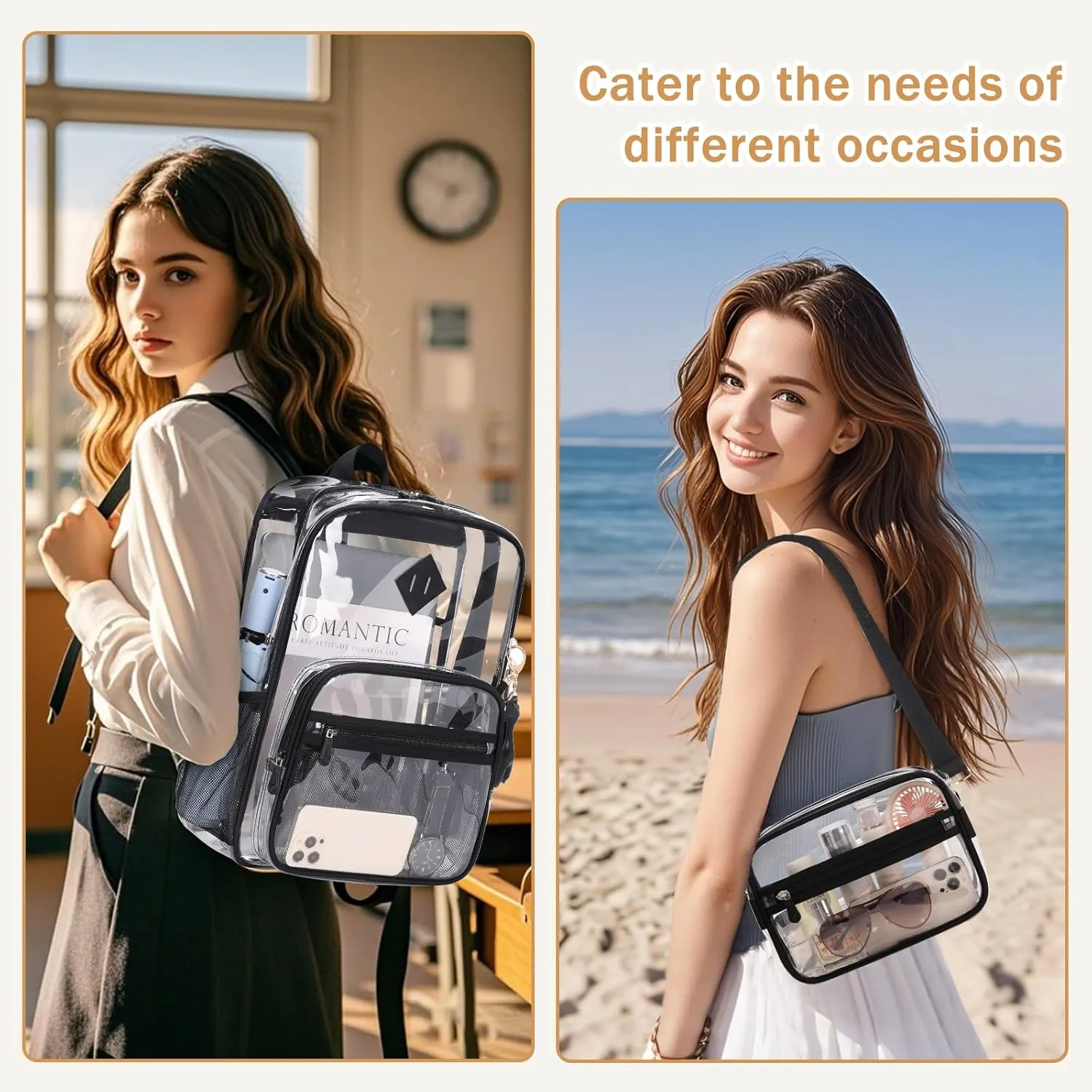 Clear Backpack Heavy Duty Transparent Backpack for School Clear Bags with Wider Shoulder Straps See Through Plastic Bags Sport Events Concert Stadium-Black Transparent 2PCS