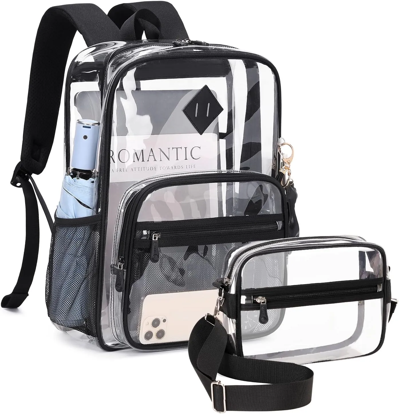 Clear Backpack Heavy Duty Transparent Backpack for School Clear Bags with Wider Shoulder Straps See Through Plastic Bags Sport Events Concert Stadium-Black Transparent 2PCS