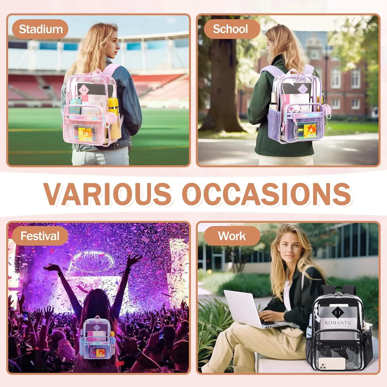 Clear Backpack Heavy Duty Transparent Backpack for School Clear Bags with Wider Shoulder Straps See Through Plastic Bags Sport Events Concert Stadium-Black Transparent 2PCS